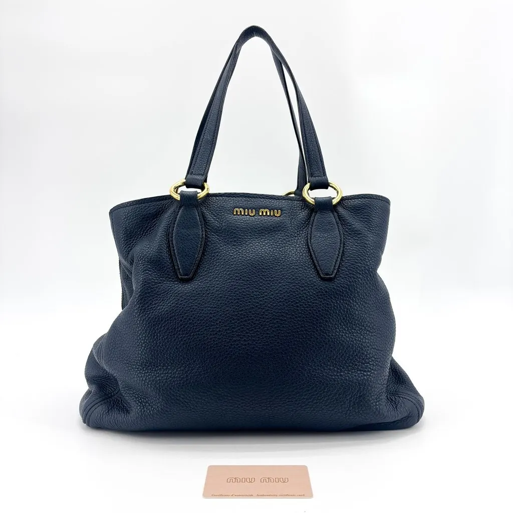 Miu Miu Vitello Daino Leather Tote Shoulder Bag Navy Leather Good - Back View