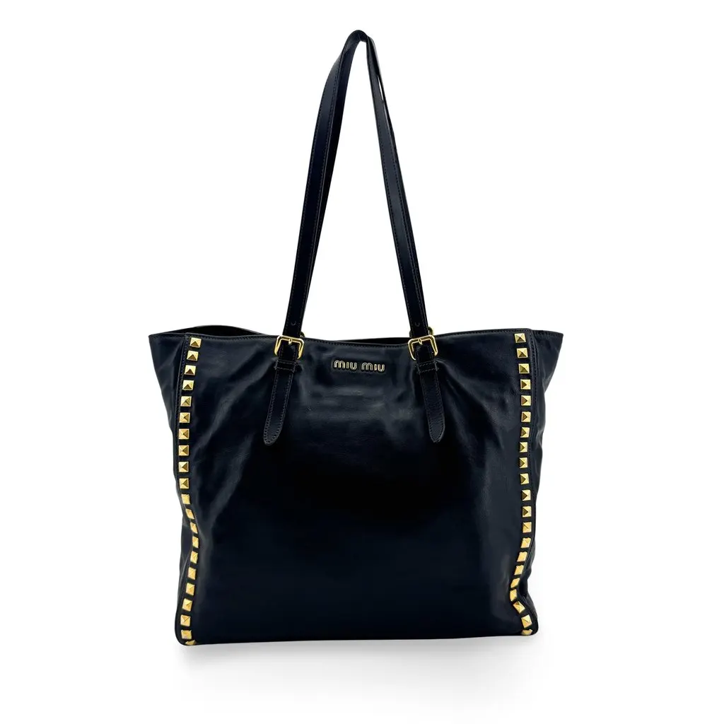 Miu Miu Vitello Studded Tote Bag Black Black Leather Fair - Front View
