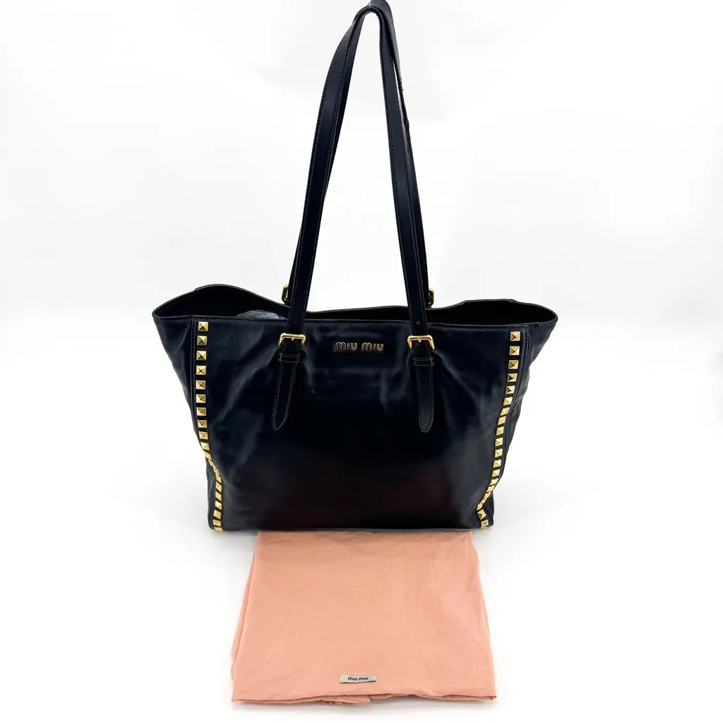Miu Miu Vitello Studded Tote Bag Black Black Leather Fair - Back View