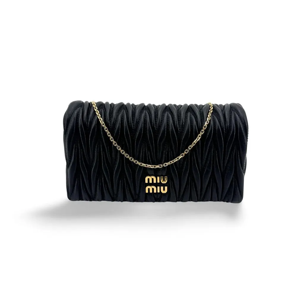 Miu Miu Matelasse Nappa Leather Mini Bag Black Gold Black Leather Good - Front View