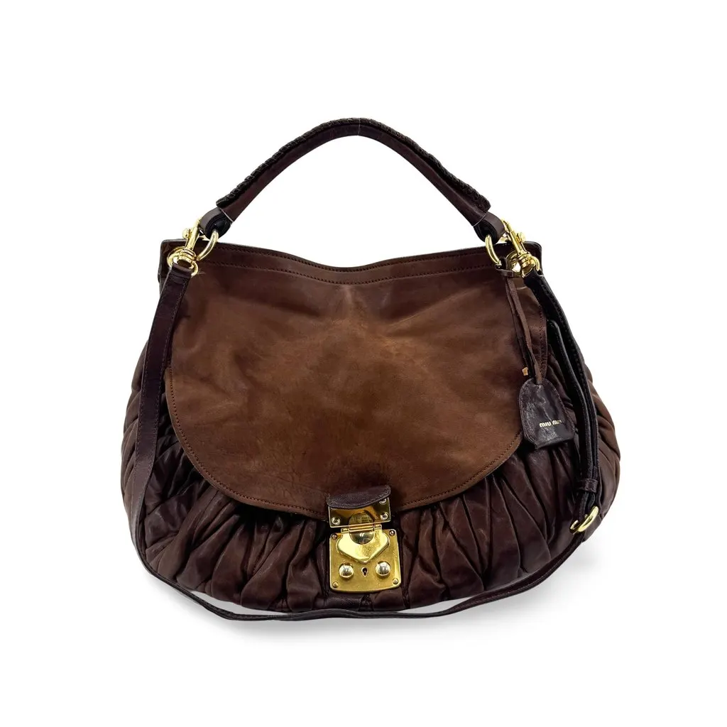 Miu Miu Coffer Matelasse Shoulder Bag Brown Gold Brown Leather Good - Front View