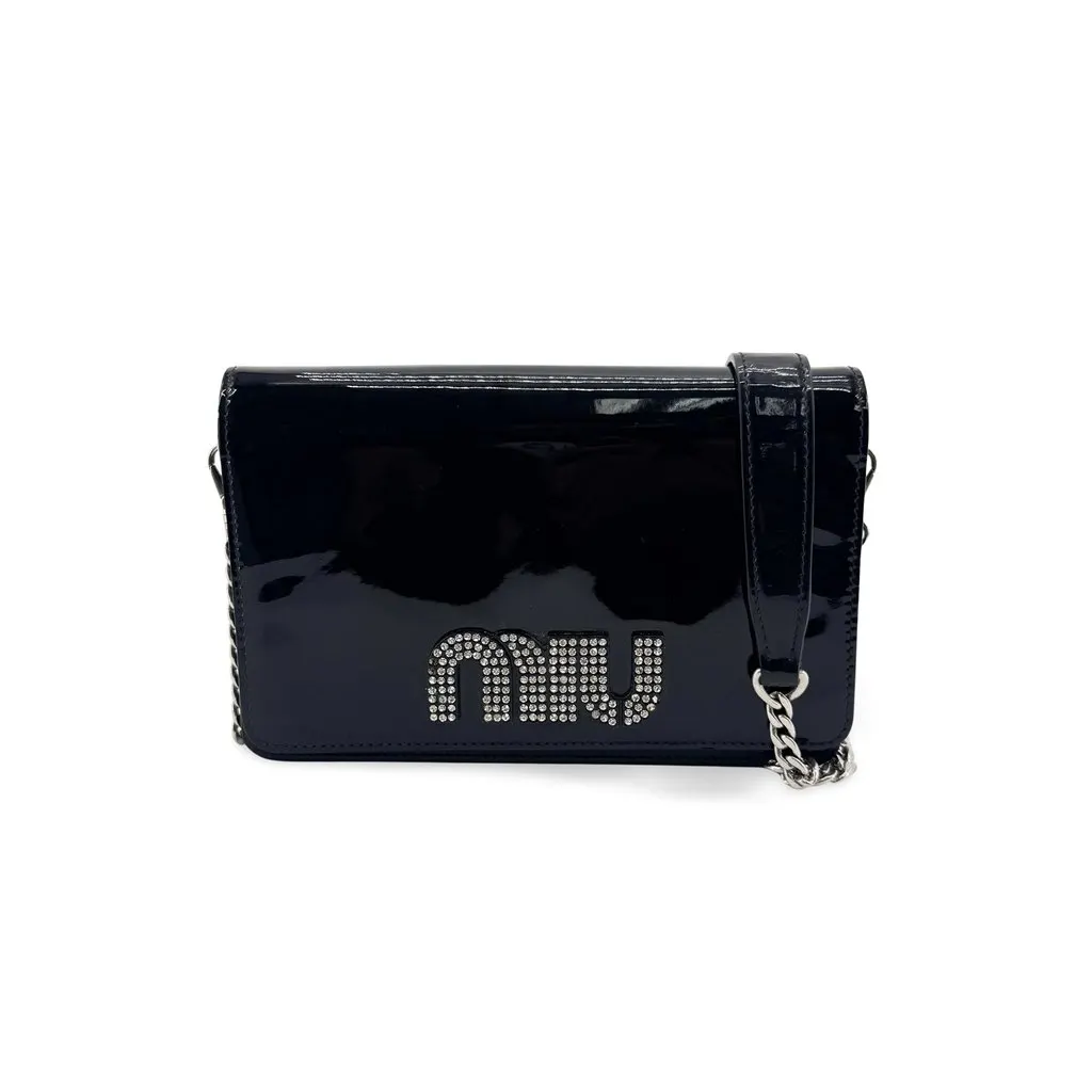 Miu Miu Patent Leather Crystal Logo Chain Shoulder Bag Black Black Leather Good - Front View