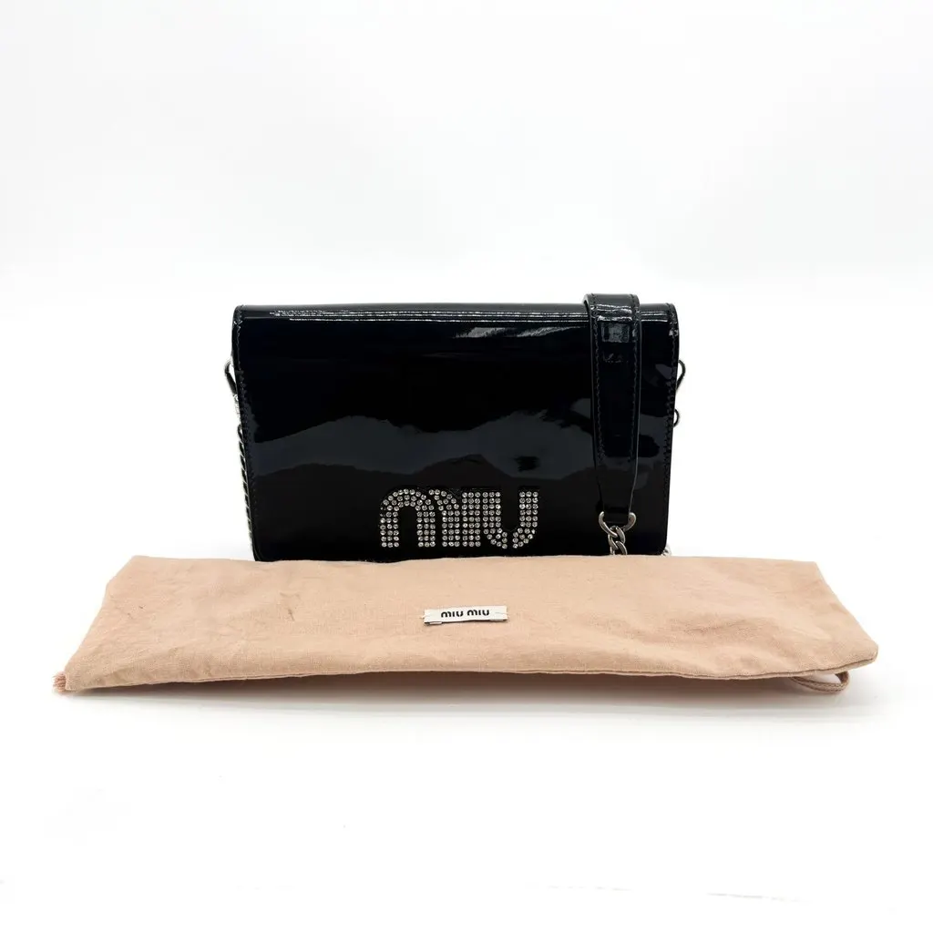 Miu Miu Patent Leather Crystal Logo Chain Shoulder Bag Black Black Leather Good - Back View