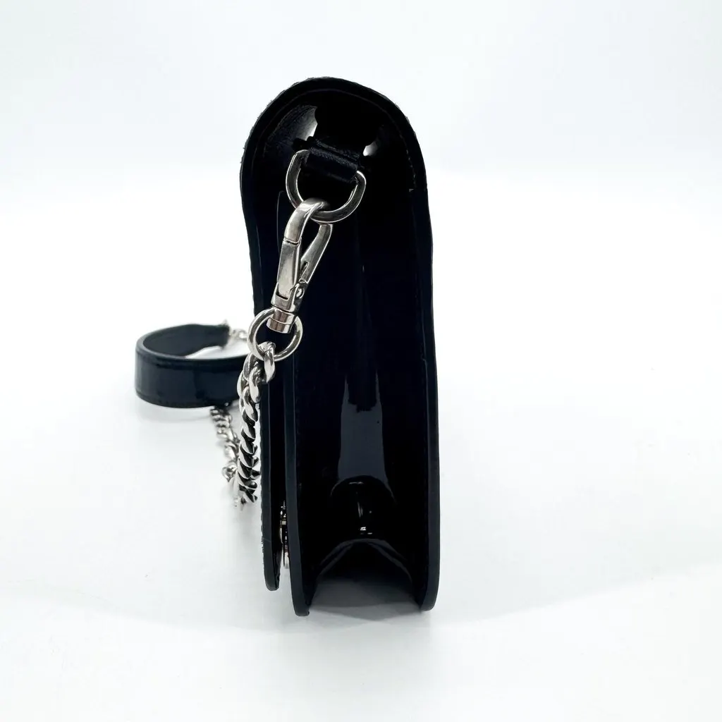 Miu Miu Patent Leather Crystal Logo Chain Shoulder Bag Black Black Leather Good - Model View