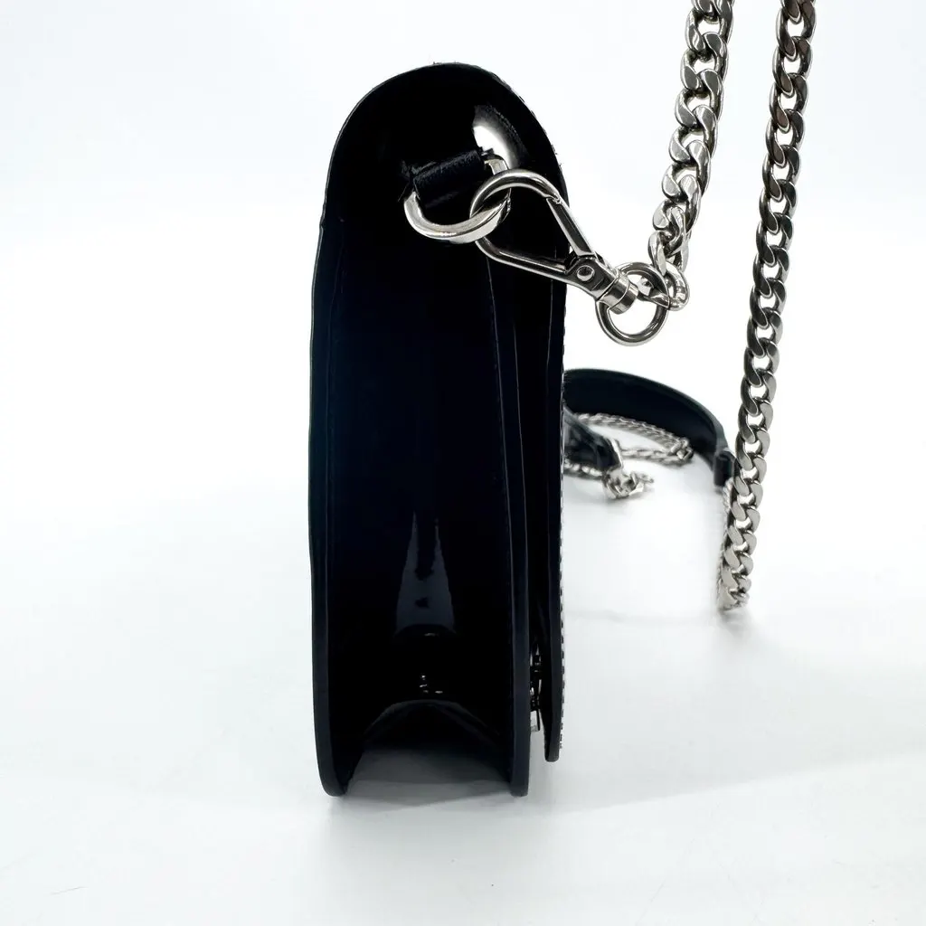 Miu Miu Patent Leather Crystal Logo Chain Shoulder Bag Black Black Leather Good - Box View