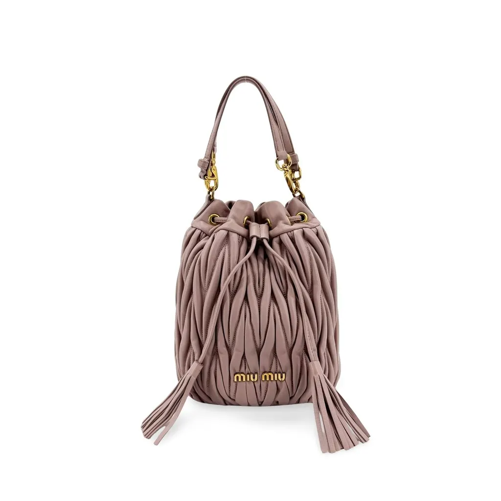 Miu Miu Matelasse Leather Drawstring Bucket Bag Pink Pink Leather Good - Front View