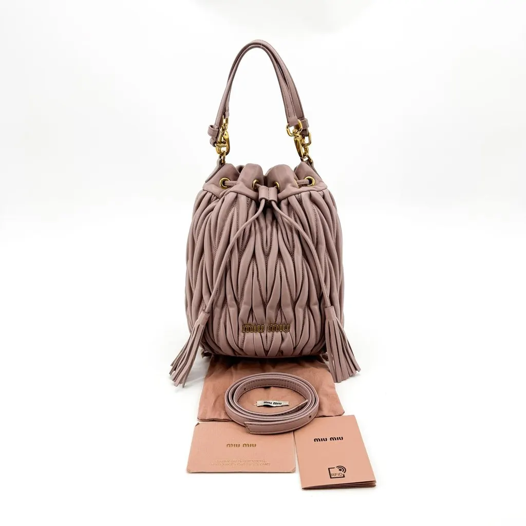 Miu Miu Matelasse Leather Drawstring Bucket Bag Pink Pink Leather Good - Back View