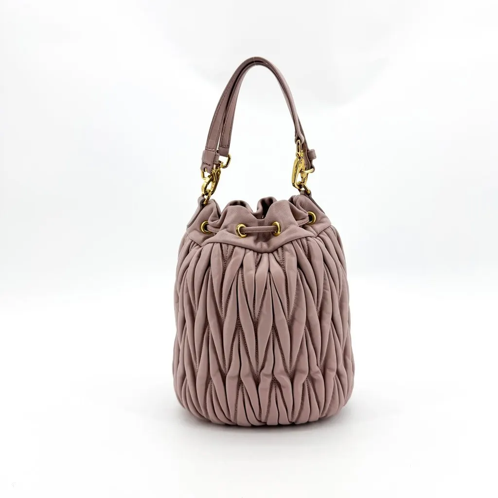 Miu Miu Matelasse Leather Drawstring Bucket Bag Pink Pink Leather Good - Inside View