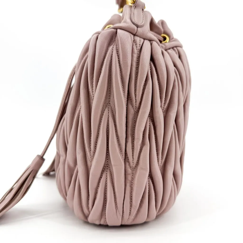 Miu Miu Matelasse Leather Drawstring Bucket Bag Pink Pink Leather Good - Model View