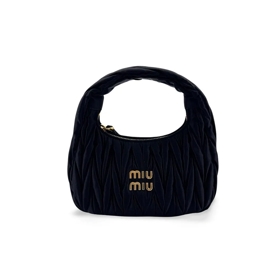 Miu Miu Wander Matelassé Satin Mini Hobo Bag Black Black Satin Very good - Front View