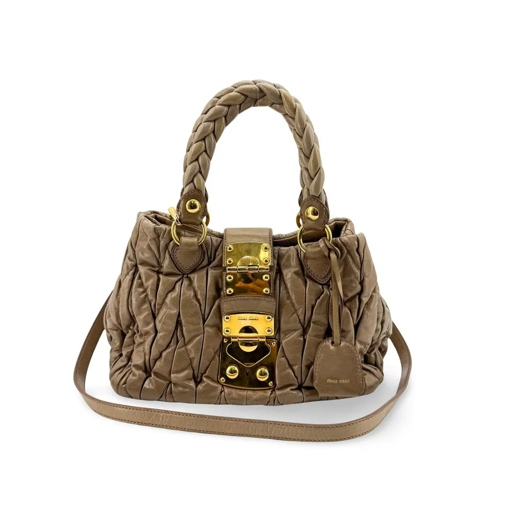 Miu Miu Matelasse Cloquet Nappa Leather Top Handle Bag Brown Beige Leather Good - Front View