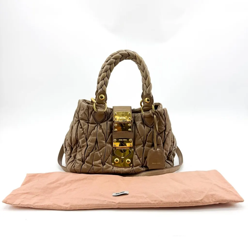 Miu Miu Matelasse Cloquet Nappa Leather Top Handle Bag Brown Beige Leather Good - Back View