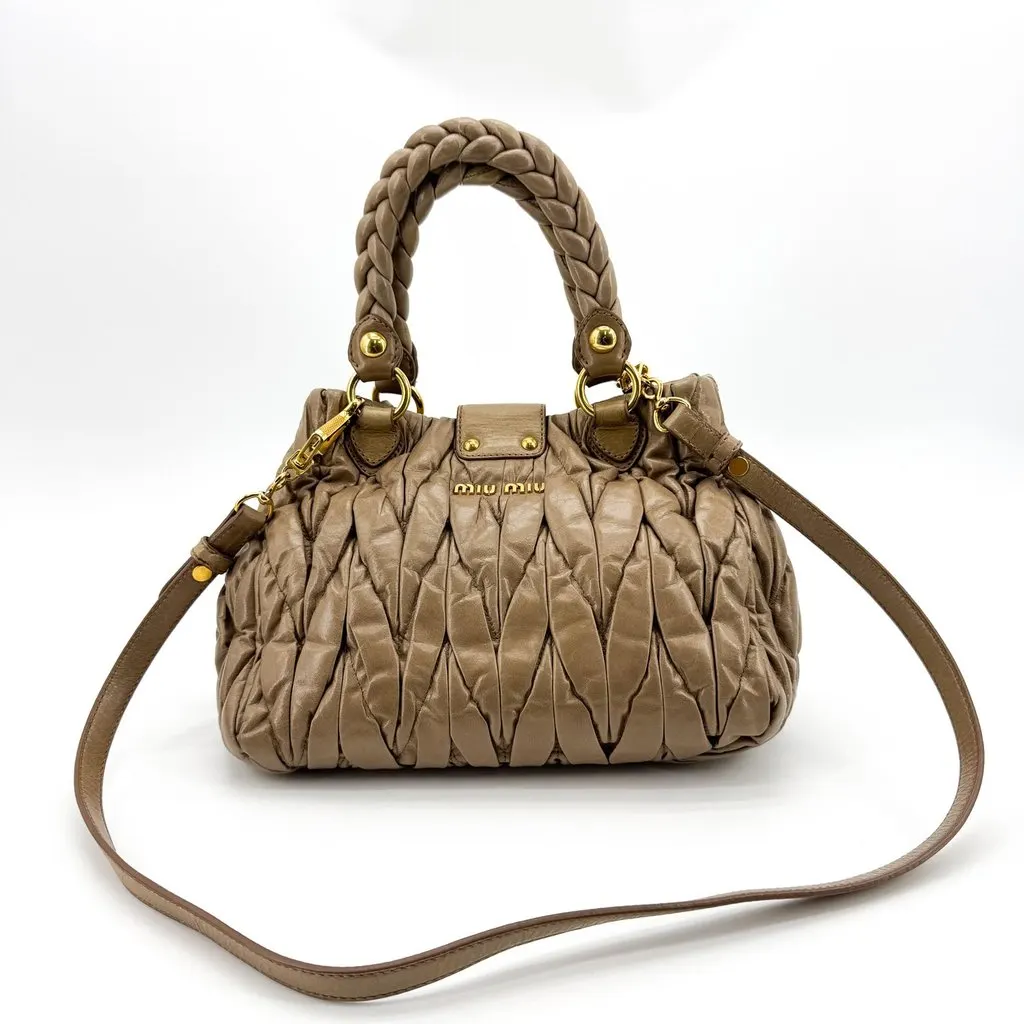 Miu Miu Matelasse Cloquet Nappa Leather Top Handle Bag Brown Beige Leather Good - Inside View