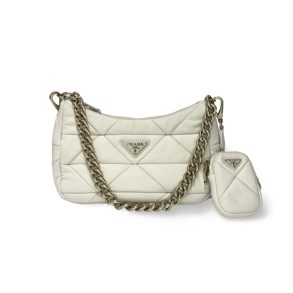 Prada Napa Patch Padded Hobo Bag White Gold Leather Good - Front View