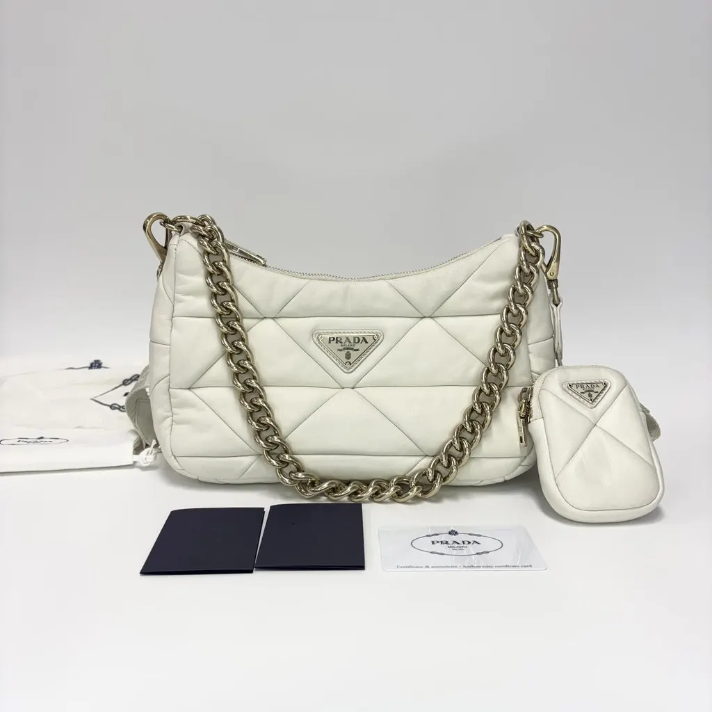 Prada Napa Patch Padded Hobo Bag White Gold Leather Good - Back View