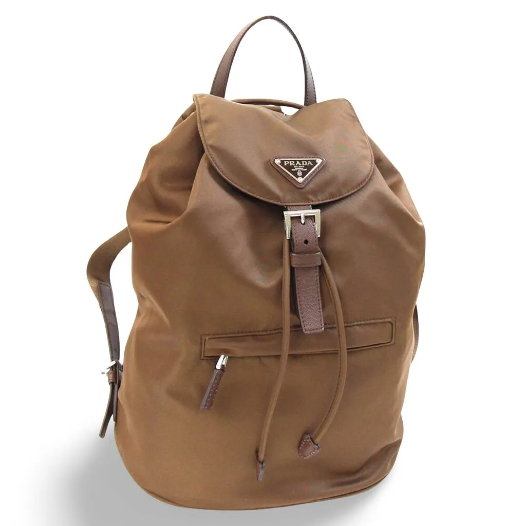 Prada Brown nylon leather triangular backpack Brown Polyamide Good - Front View