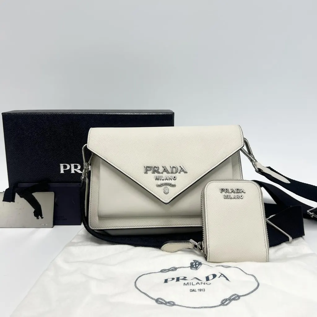 Prada Saffiano Leather Mini Envelope Bag 1BP020 White Leather Good - Back View