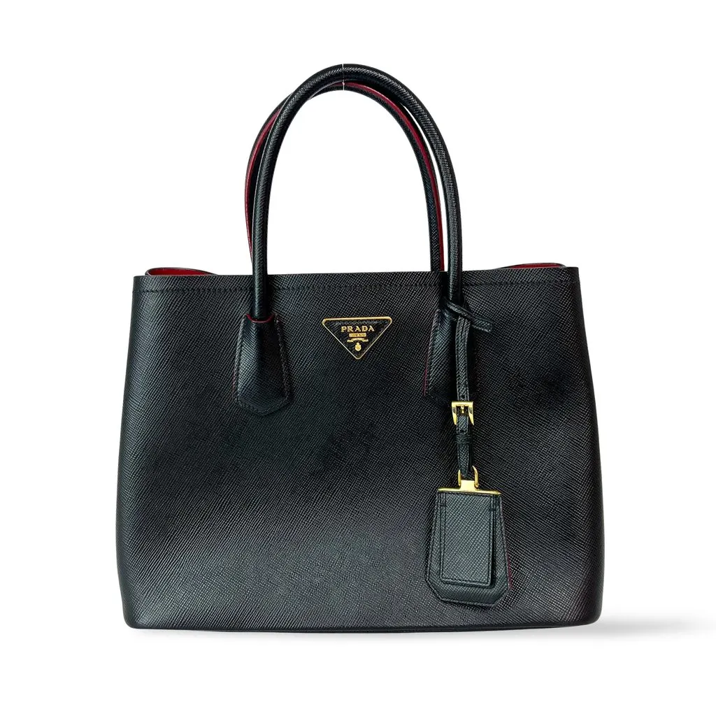 Prada Double Saffiano Leather Medium Black Black Leather Good - Front View