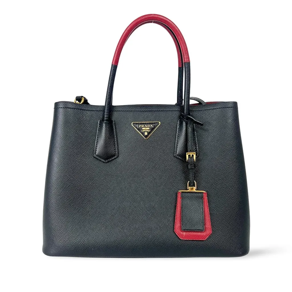 Prada Saffiano Cur Double Bag Medium 1BG775 Black Leather Good - Front View