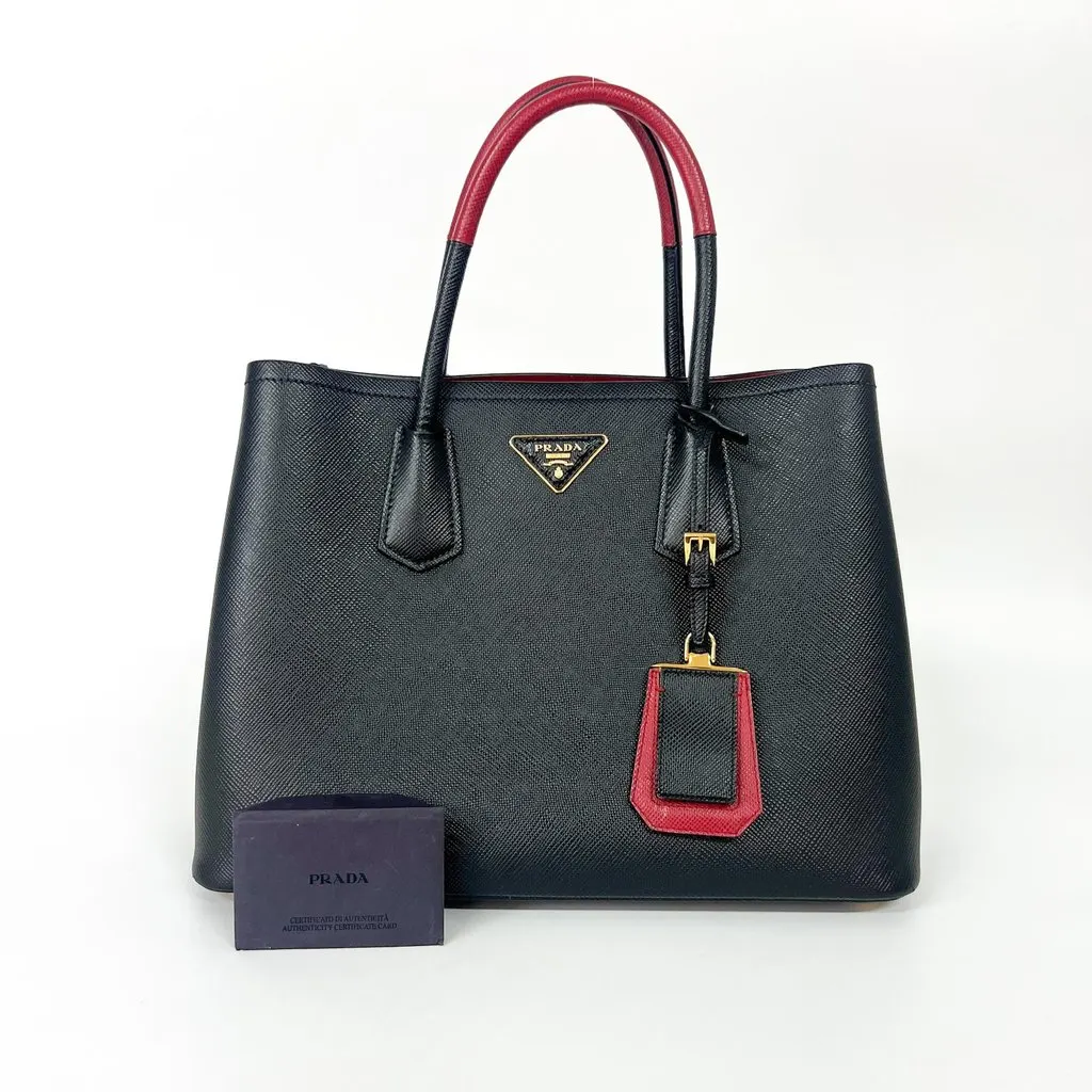 Prada Saffiano Cur Double Bag Medium 1BG775 Black Leather Good - Back View