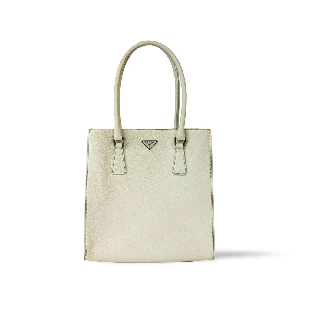 Prada Vitello Phoenix Leather Tote Bag Ivory Ecru Leather Good - Front View