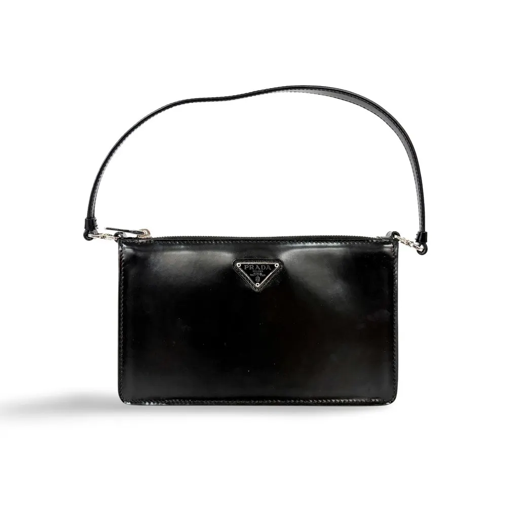 Prada Brushed Leather Mini Shoulder Bag Black Black Leather Good - Front View