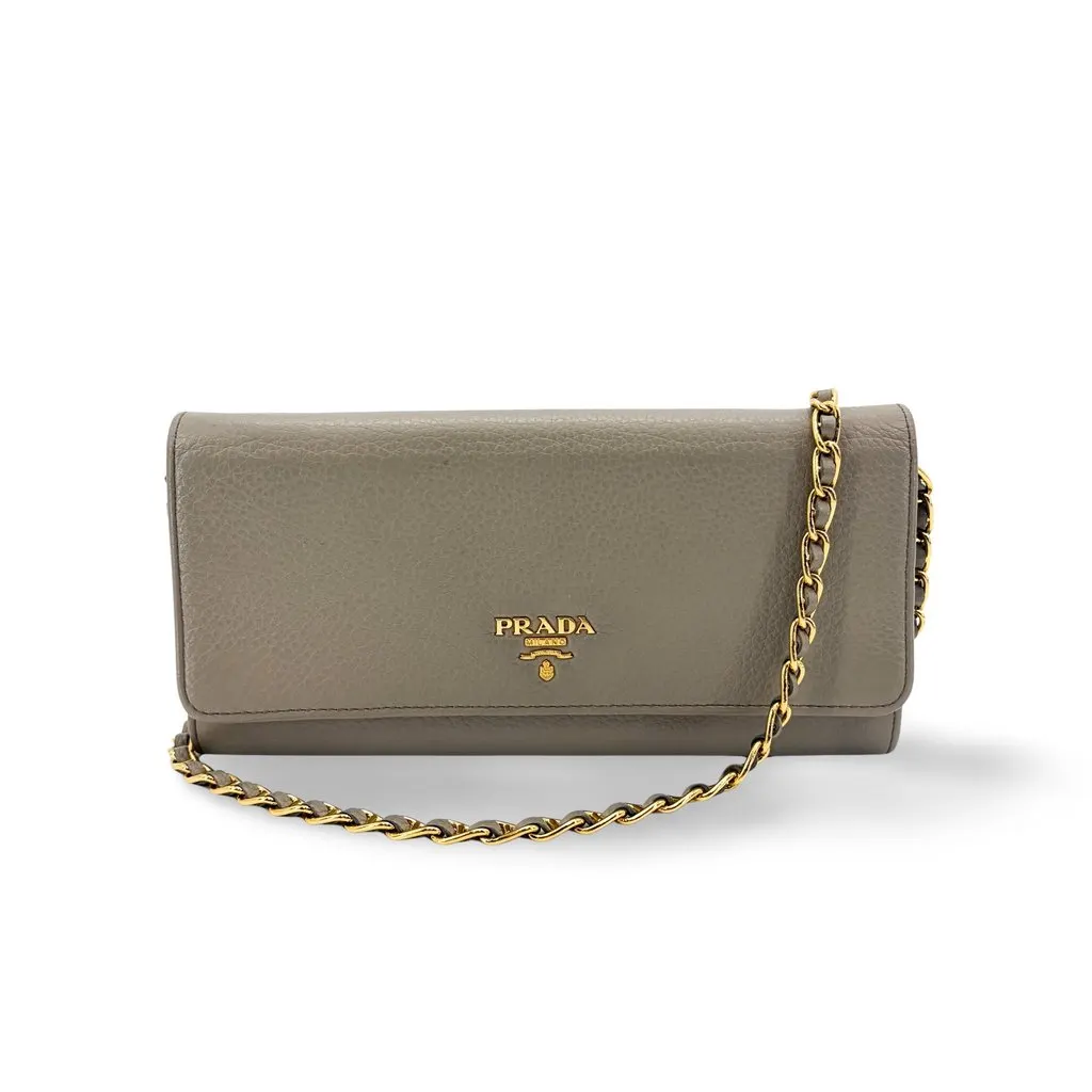 Prada Vitello Phoenix Chain Wallet Argila Gray MultiColor Leather Good - Front View