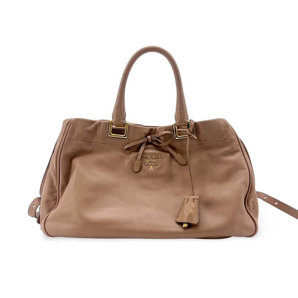 Prada Vitello Daino Leather Bow Tote Bag Taupe MultiColor Leather Good - Front View