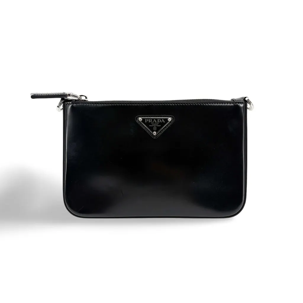 Prada Brushed Leather Triangle Logo Pouch Black Black Leather Very good - Front View