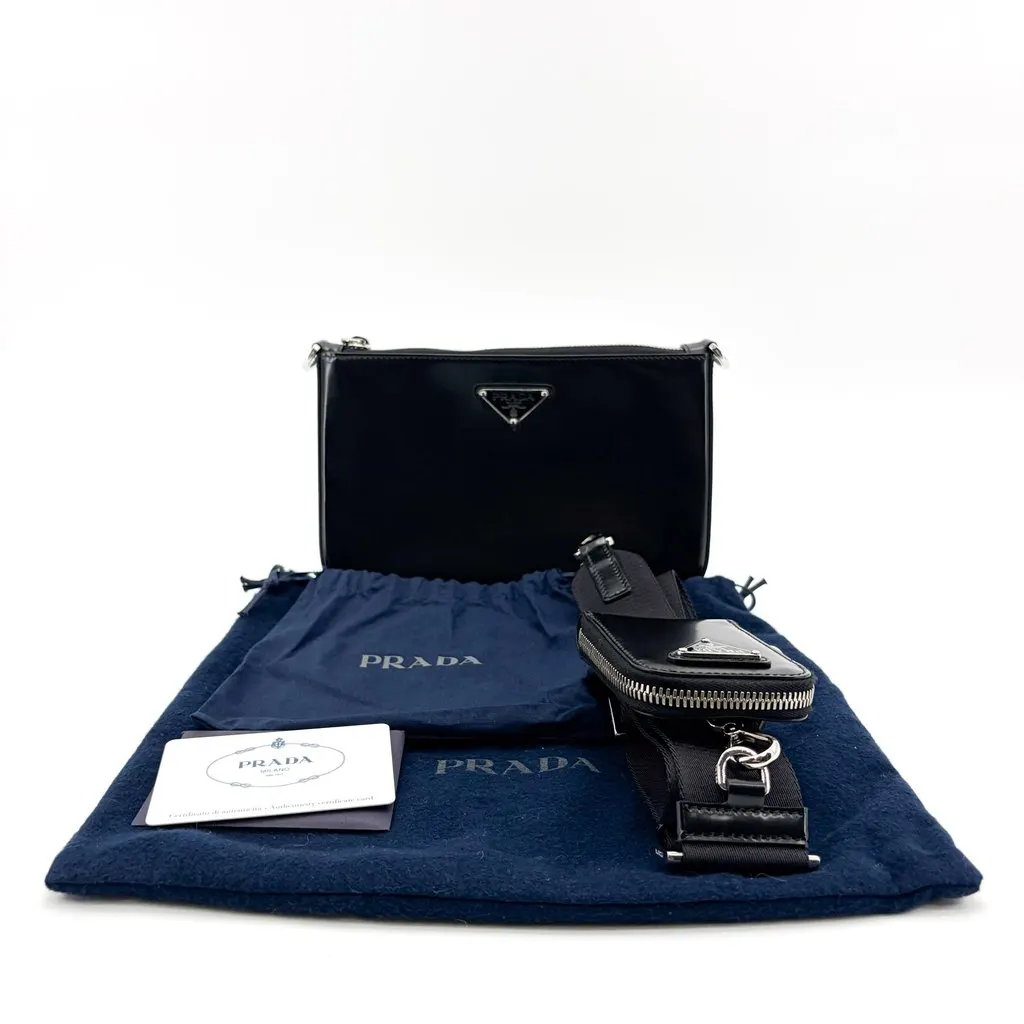 Prada Brushed Leather Triangle Logo Pouch Black Black Leather Very good - Back View