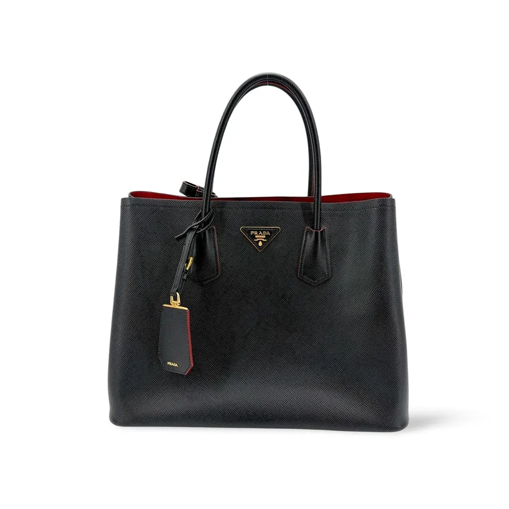 Prada Saffiano Cuir Medium Double Bag Black Red Black Leather Very good - Front View