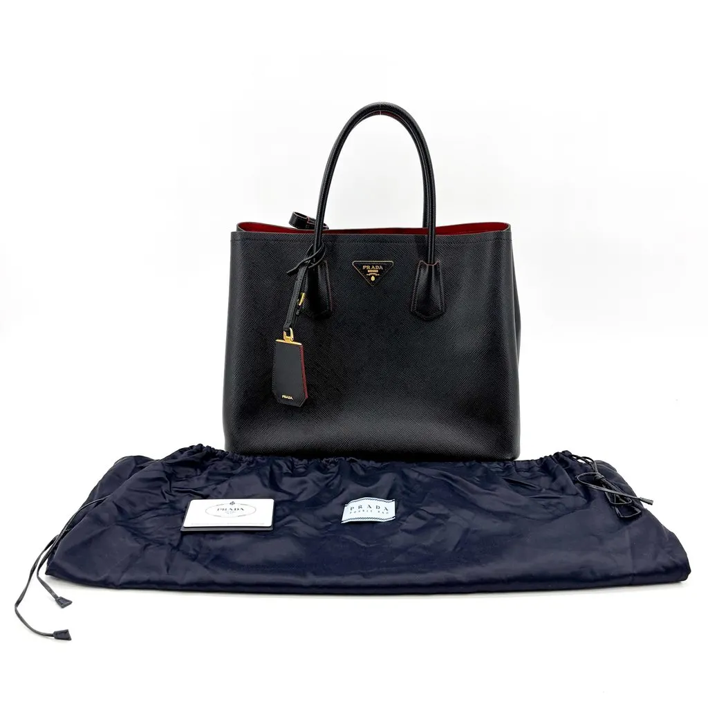 Prada Saffiano Cuir Medium Double Bag Black Red Black Leather Very good - Back View