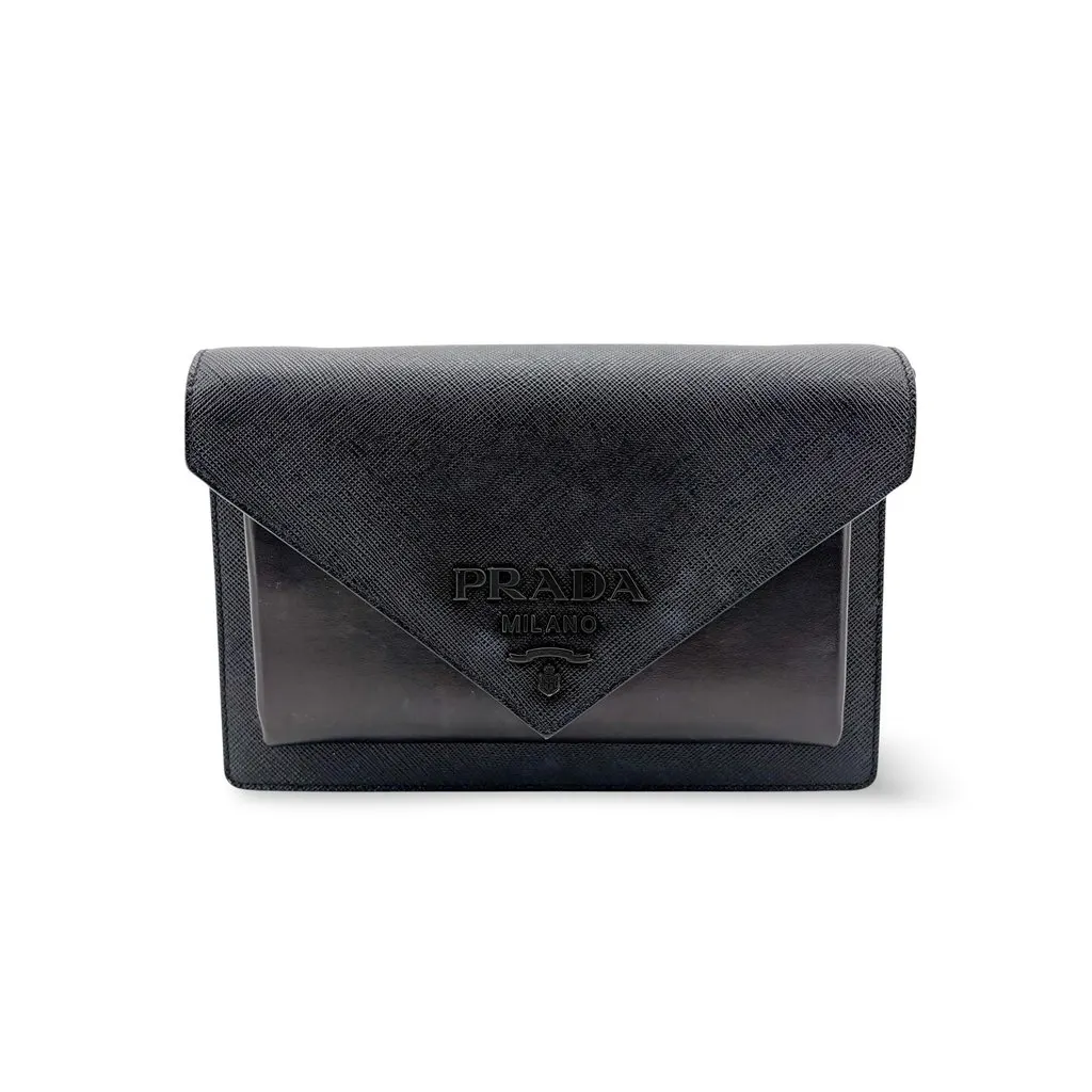 Prada Saffiano Soft Calf Envelope Clutch Black Black Leather Very good - Front View
