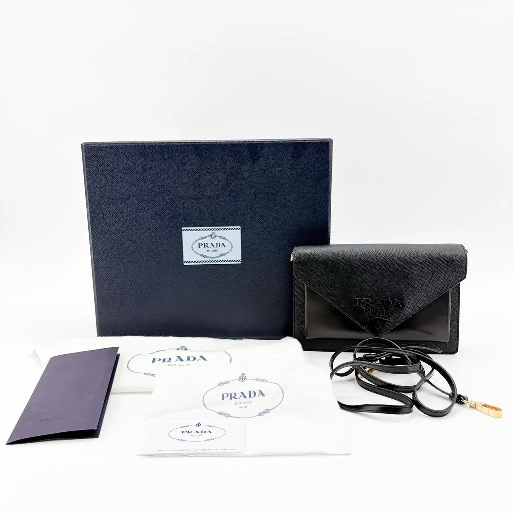 Prada Saffiano Soft Calf Envelope Clutch Black Black Leather Very good - Back View
