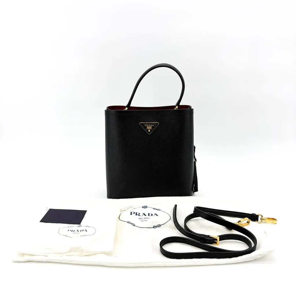 Prada Small Saffiano Leather Panier Bag Black Black Leather Very good - Back View