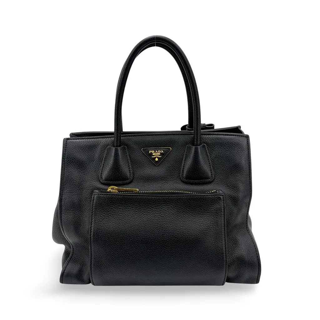 Prada Vitello Phoenix Tote Bag Black Black Leather Good - Front View