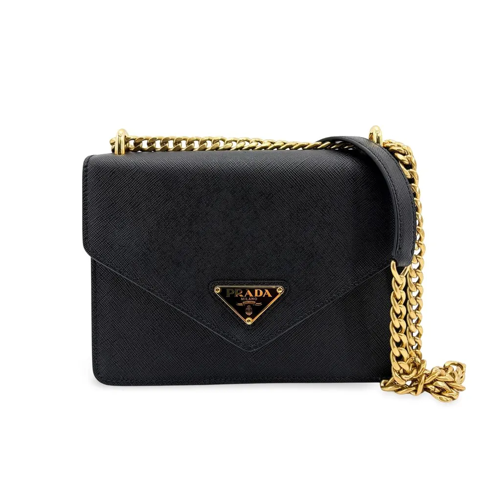 Prada Saffiano leather chain shoulder bag black with gold hardware Black Leather Very good - Front View