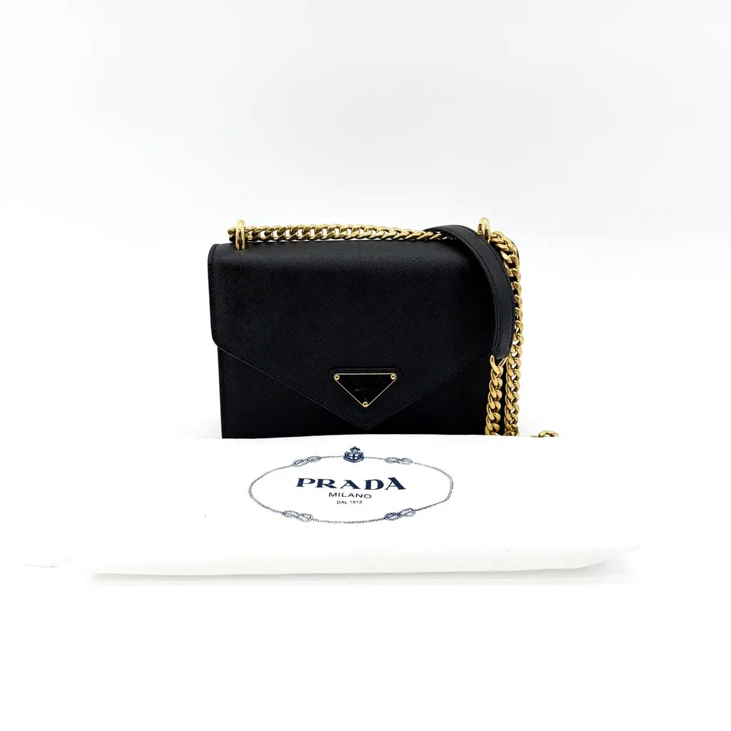 Prada Saffiano leather chain shoulder bag black with gold hardware Black Leather Very good - Back View