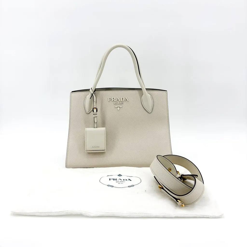 Prada Monochrome Small Saffiano Leather Tote Bag White White Leather Very good - Back View