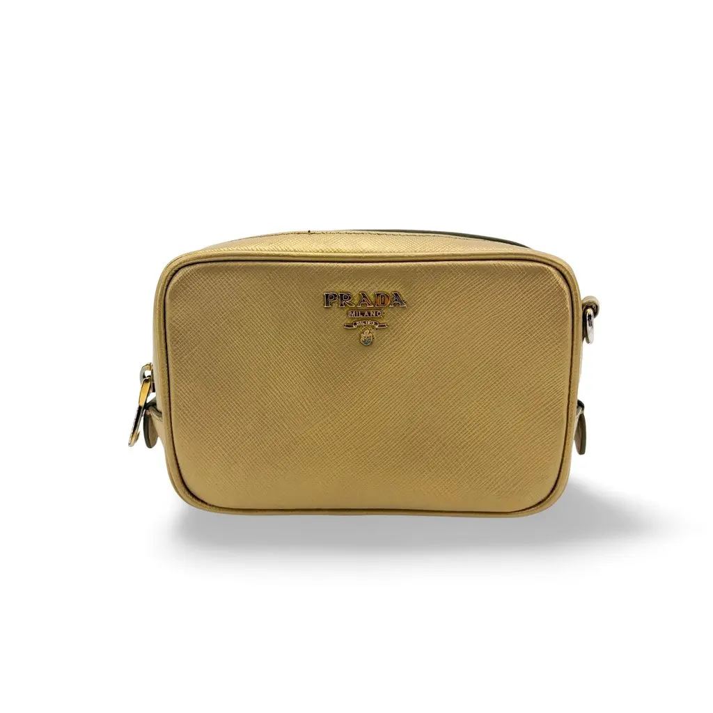 Prada Saffiano Leather Camera Bag Gold Gold Leather Good - Front View