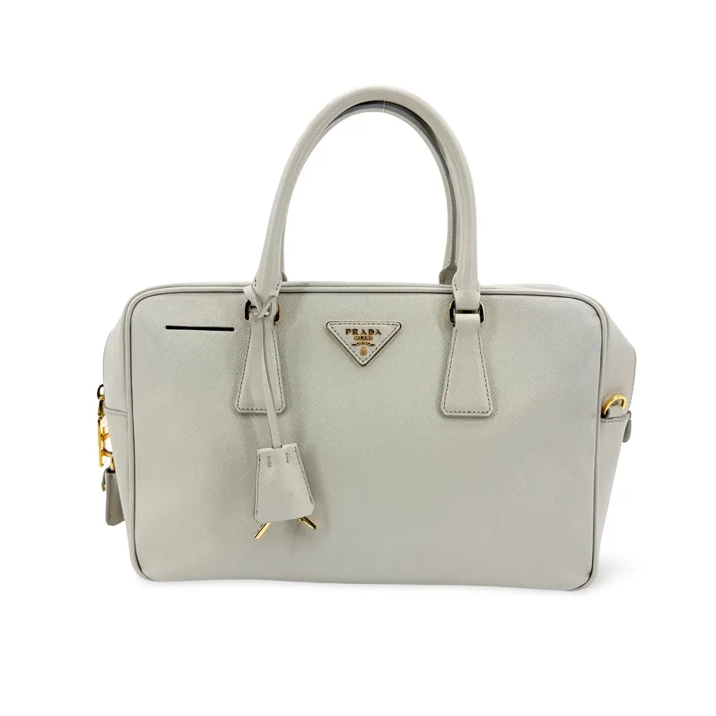 Prada Saffiano Lux Top Handle Bag Talco White Gold Leather Good - Front View