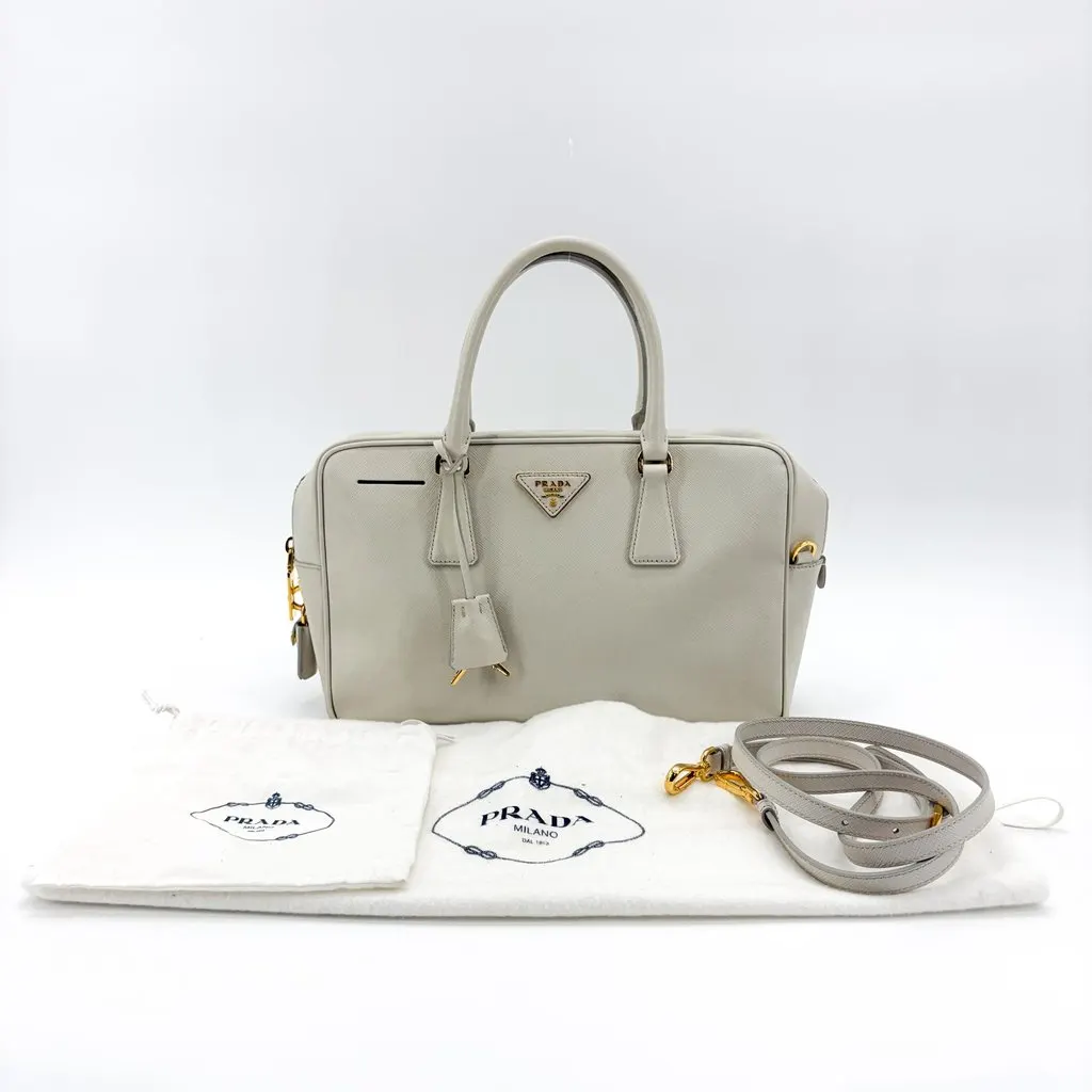 Prada Saffiano Lux Top Handle Bag Talco White Gold Leather Good - Back View