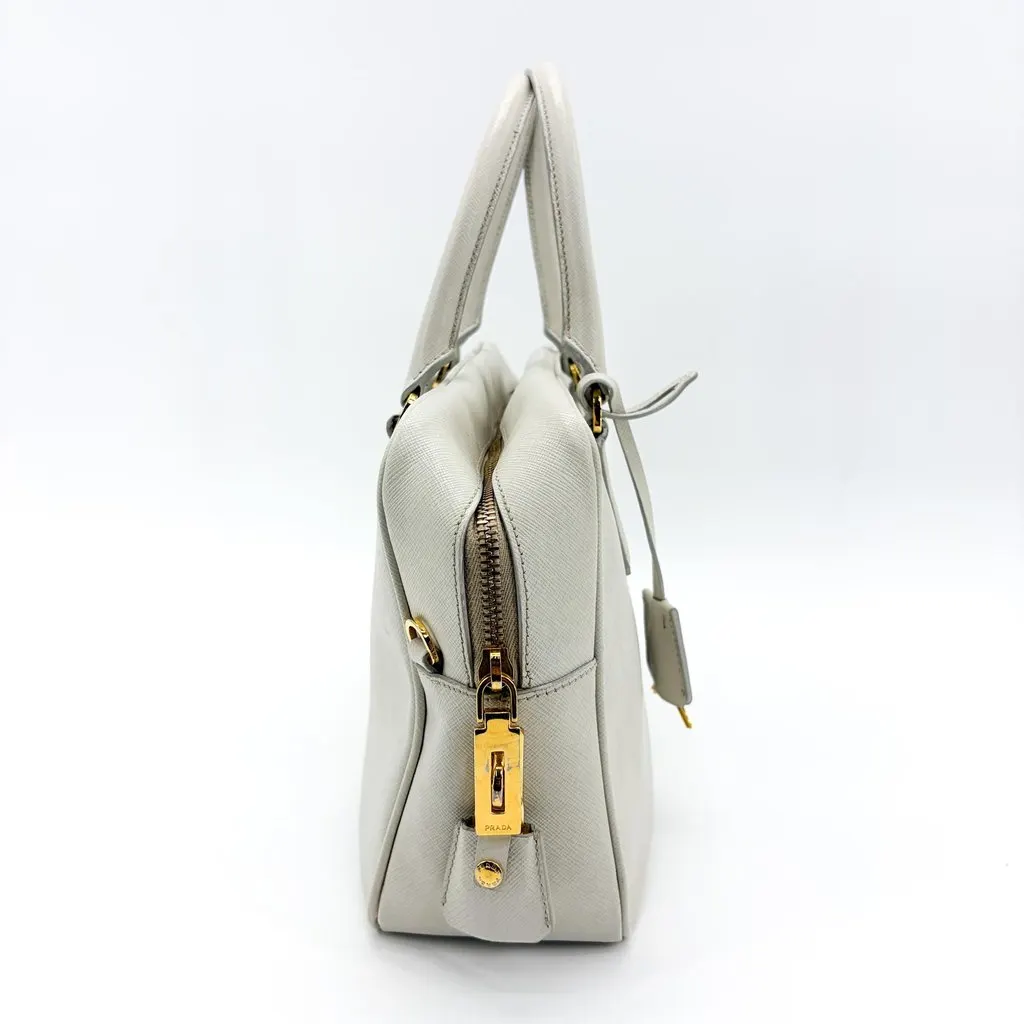 Prada Saffiano Lux Top Handle Bag Talco White Gold Leather Good - Box View