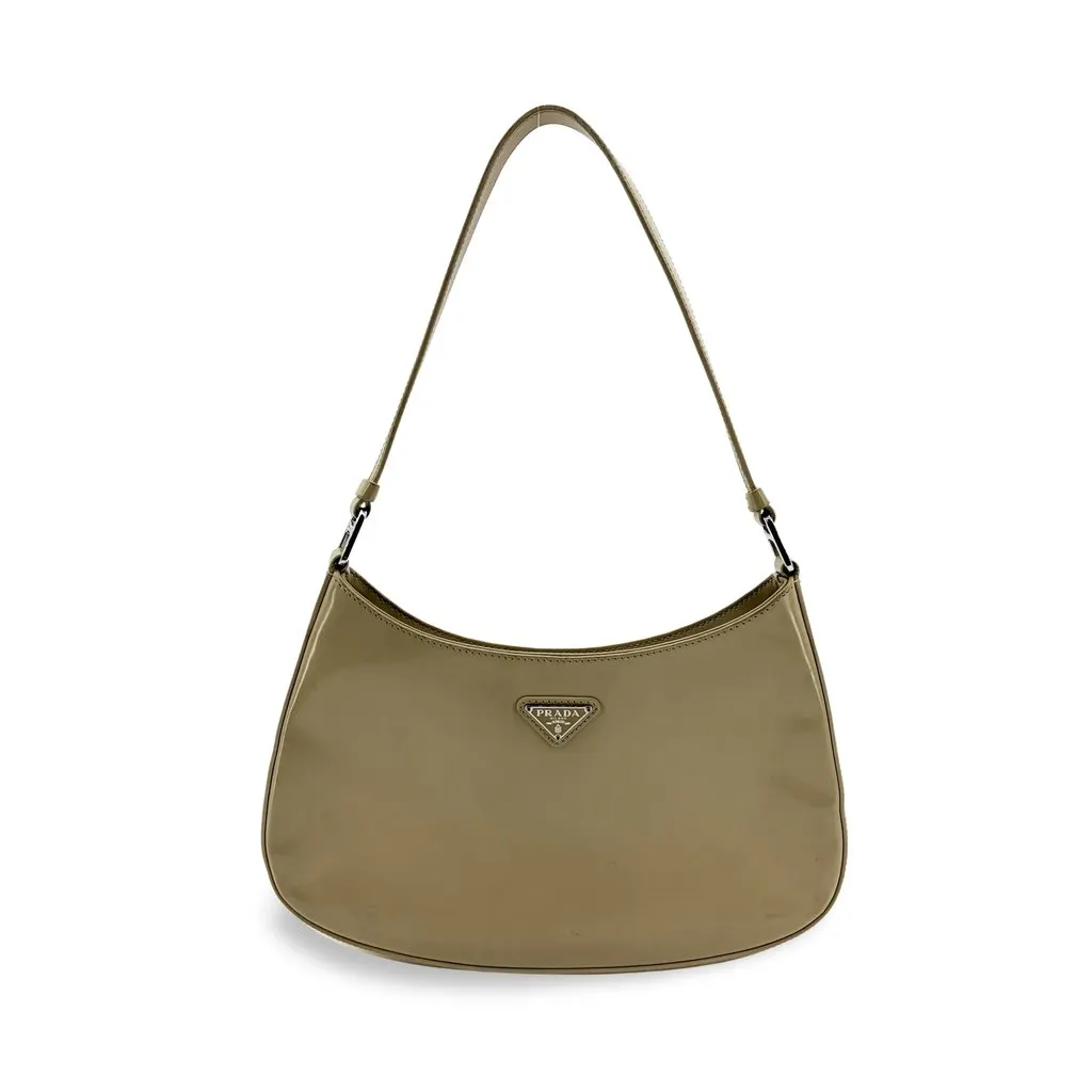 Prada Cleo Brushed Leather Shoulder Bag Khaki Beige Leather Fair - Front View