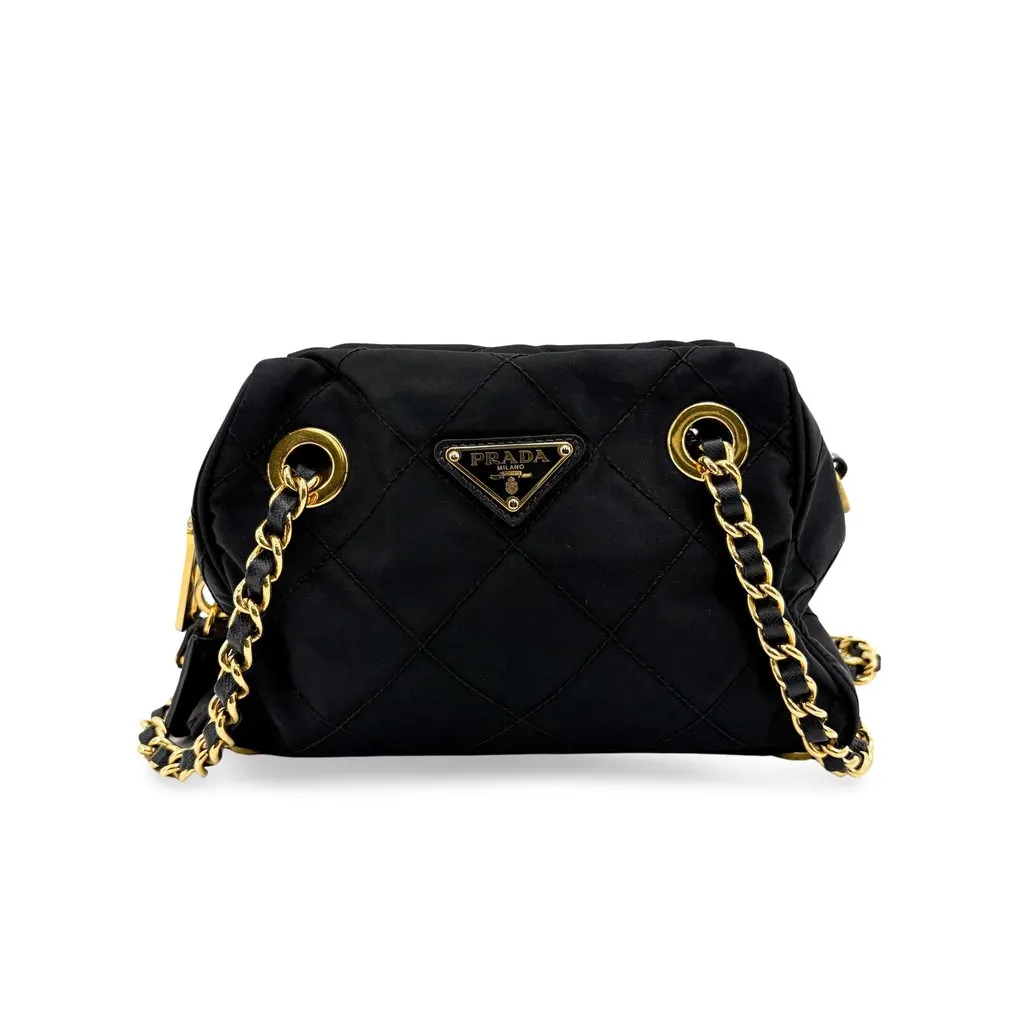 Prada Re-Nylon Quilted Chain Shoulder Bag Black with Gold Hardware Black Polyamide Good - Front View