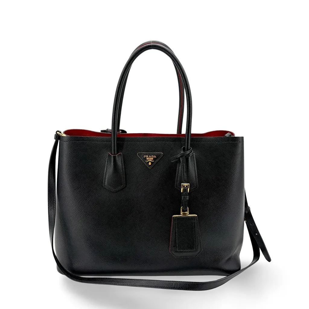 Prada Saffiano Cure Double Bag Medium Black/Red Black Leather Good - Front View