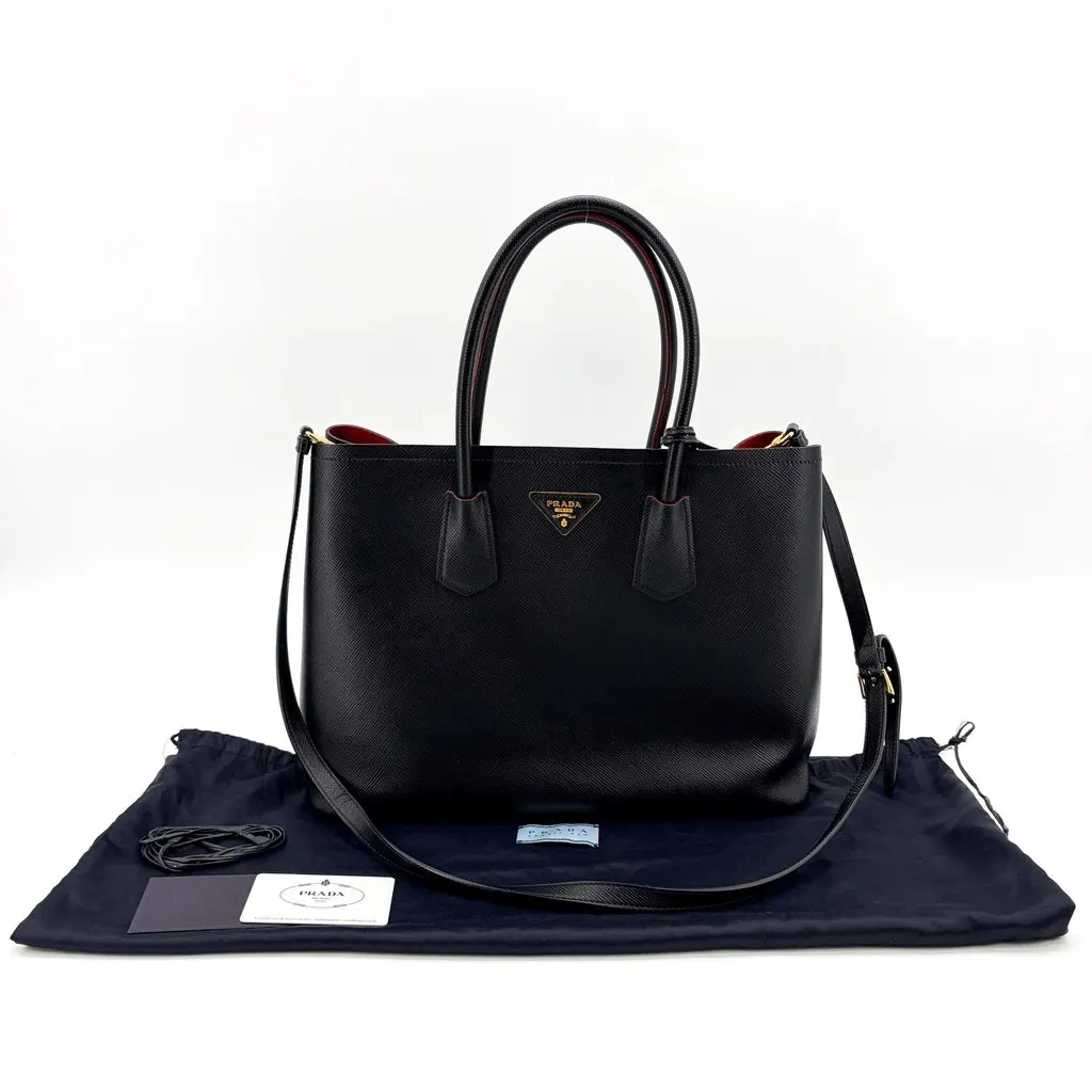 Prada Saffiano Cure Double Bag Medium Black/Red Black Leather Good - Back View