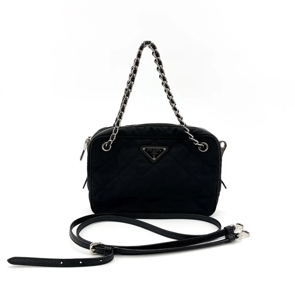 Prada Tessuto Impunturato Quilted Chain Shoulder Bag Black Black Polyamide Good - Back View