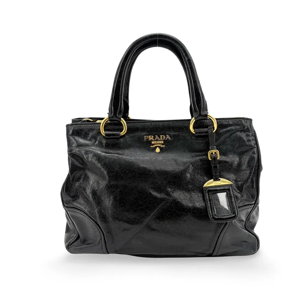 Prada Vitello Shine Tote Bag Black with Gold Hardware Black Leather Good - Front View