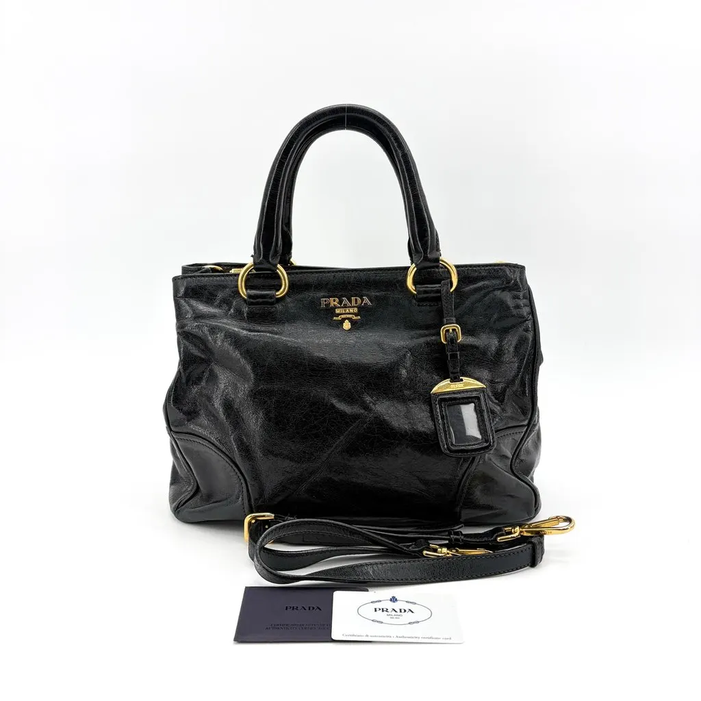 Prada Vitello Shine Tote Bag Black with Gold Hardware Black Leather Good - Back View